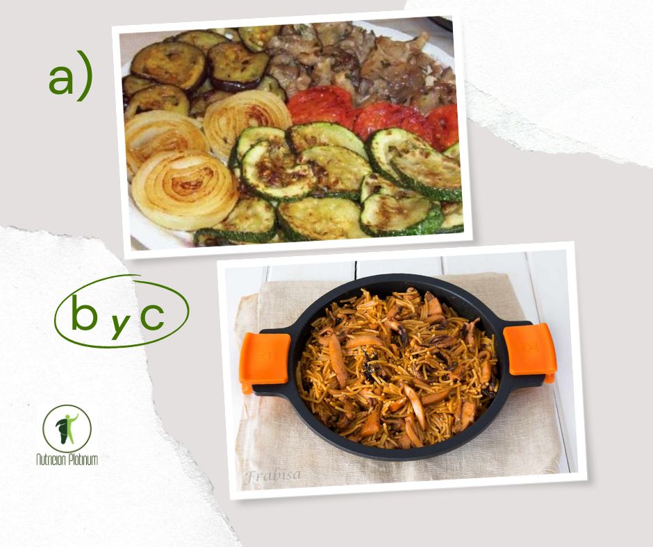 Parrillada de verduras con fideos con chocos y calamares.